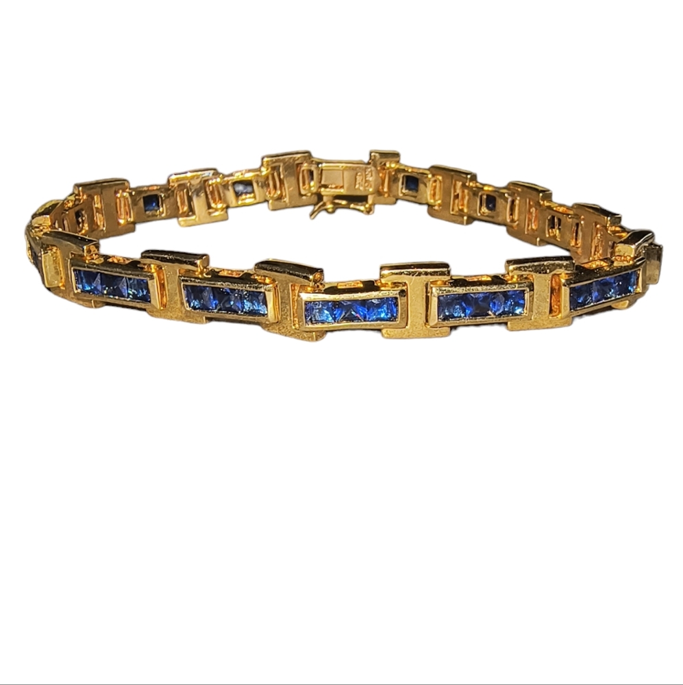 Gold Vermeil Over Sterling Silver Blue CZ Tennis Bracelet Size 7 1/2